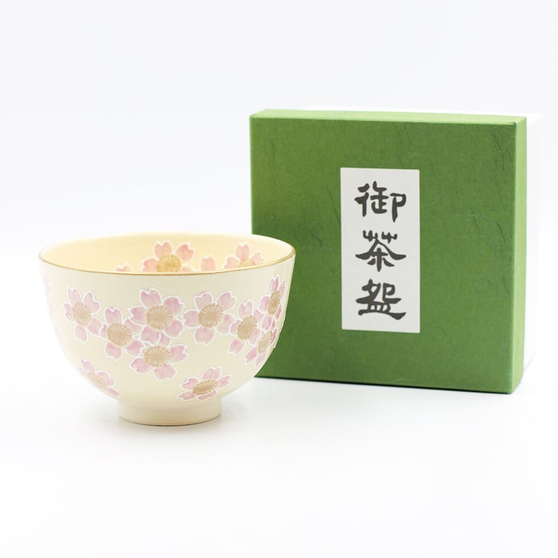 通次崇山　仁清醍醐桜図　茶碗　共箱　東さ5-0424⑤ 通次崇山 仁清醍醐桜図 茶碗 共箱 東さ5-0424⑤