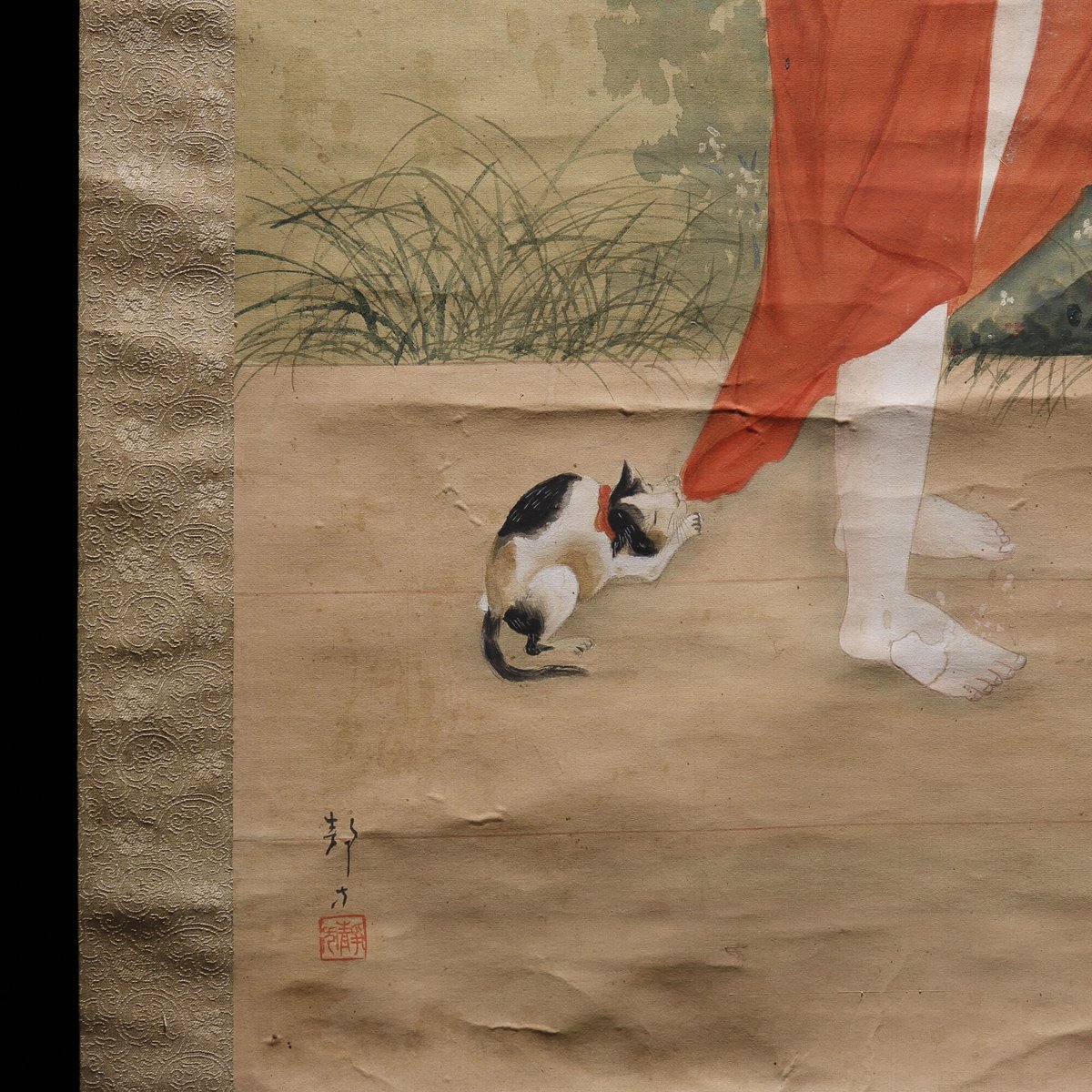 「縁亭之猫」　掛け軸 掛軸 合箱あり　動物　猫　021 縁亭之猫」 掛け軸 掛軸 合箱あり 動物 猫 021 書