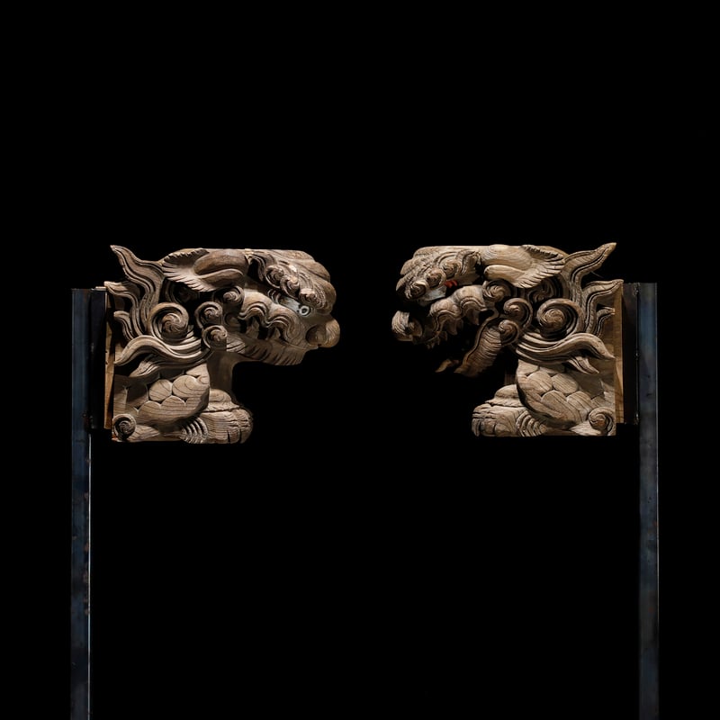 木彫時代獅子 木鼻】社寺彫刻 仏教美術 寺社装飾品 狛犬 阿吽 細密細工