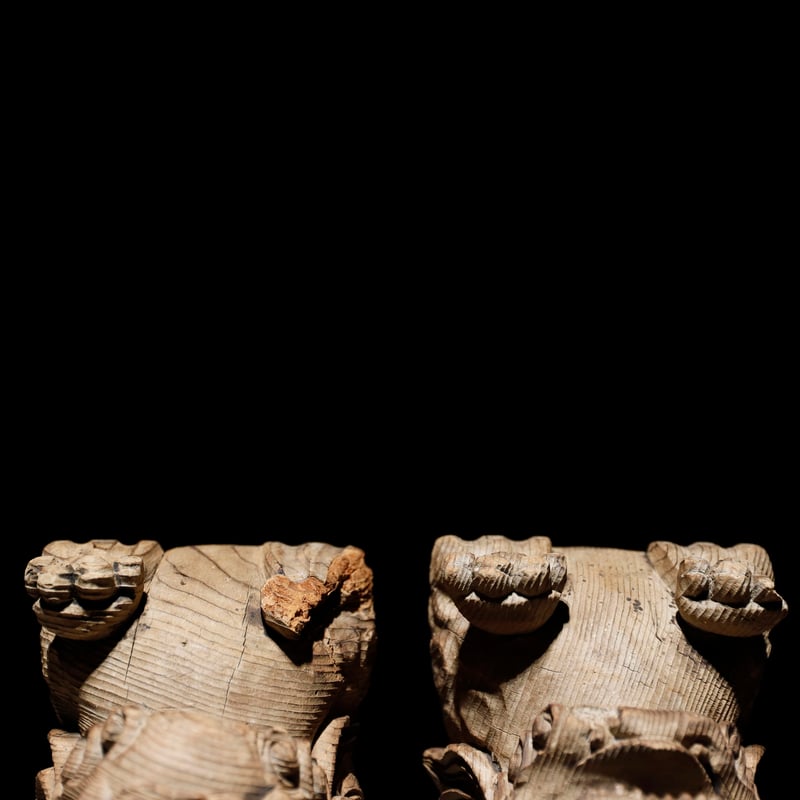 【阿吽の獅子頭】開閉式　雌雄ペア　縁起物 獅子頭 阿吽 木彫 江戸期 | 古物屋 壱両