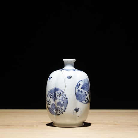 江戸幕末 染付 油壺 蝙蝠柄 金継有