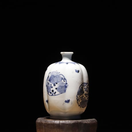 江戸幕末 染付 油壺 蝙蝠柄 金継有
