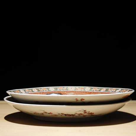 江戸幕末 古伊万里 色絵大皿 二枚セット 木箱付