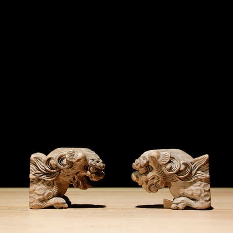 獅子頭 阿吽 木彫 江戸期