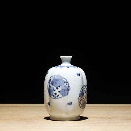 江戸幕末 染付 油壺 蝙蝠柄 金継有