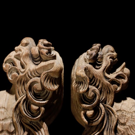 獅子頭 阿吽 木彫 江戸期