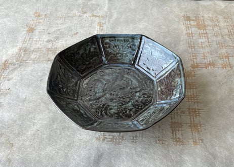 染付 瑠璃地 鳳凰文八角皿＿柳川謙治