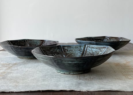 染付 瑠璃地 鳳凰文八角皿＿柳川謙治