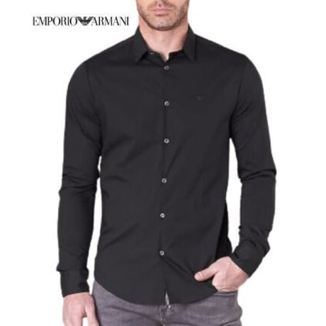 EMPORIO ARMANI エンポリオアルマーニ メンズ 黒 ブラック ドレスシャツ ブランド ロゴ スリムフィット 細身 タイト 8N1C09 1N06Z 0999 【完売】