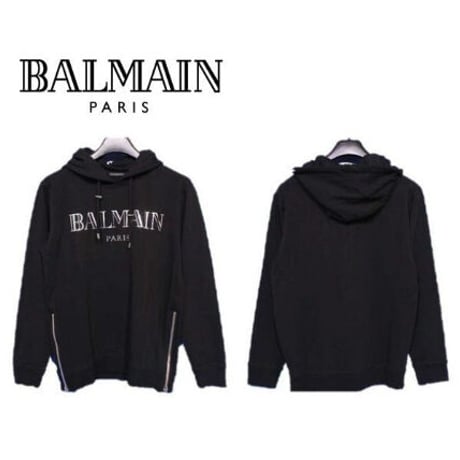 バルマン BALMAIN PARIS 8296 パーカー トレーナー スウェット 長袖 トップス 黒銀 シルバー メンズ