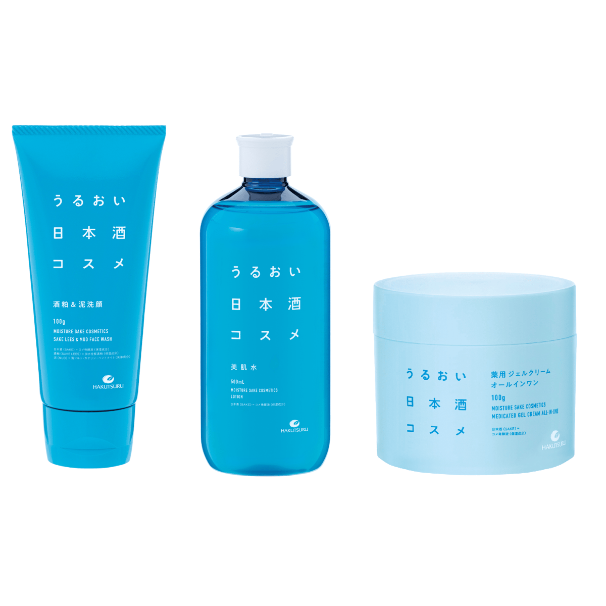 うるおい化粧水・クリーム・ジェル 3個セット うるおい日本酒コスメ 酒粕＆泥洗顔+美肌水+薬用ジェルクリーム3種