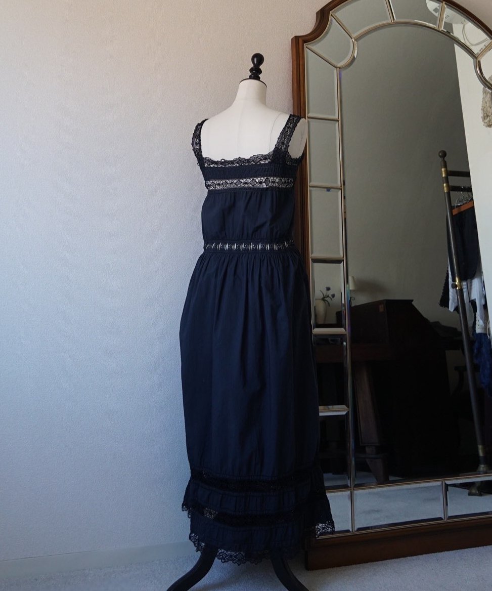 フランスアンティーク　ドレス Antique French Black Cotton Dress(アンティーク フランス製