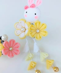 七五三 髪飾り 3歳向け｜つまみ細工 夢菜-ゆな-<うさぎ×黄色＞｜ふんわり笑顔がこぼれる可憐な2点セット