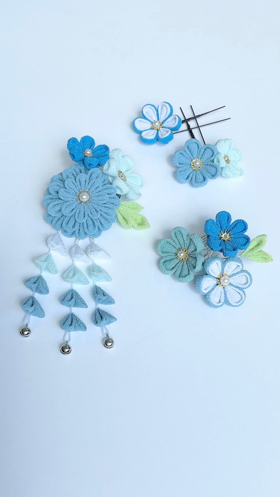 七五三髪飾り3歳·7歳向け｜つまみ細エ 彩羽-いろは-＜ 水色＞｜んだ