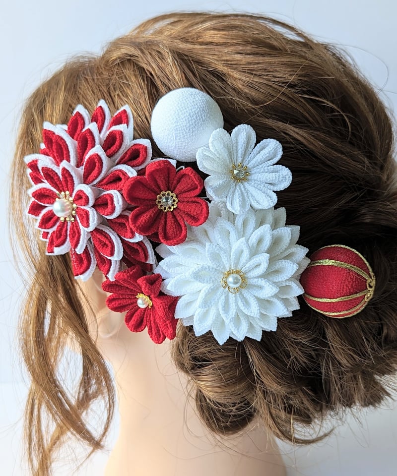 つまみ細工 髪飾り赤白 つまみ細工髪飾り 赤 白 七五三 3歳 7歳 着物髪飾り かんざし