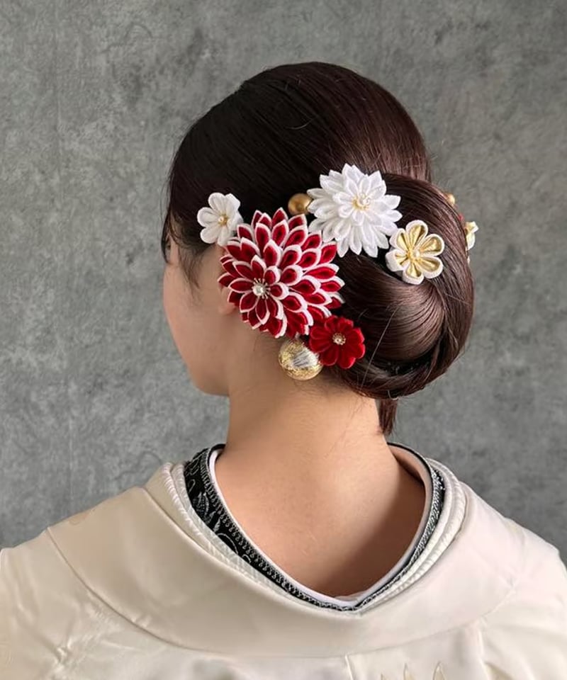成人式・和婚髪飾り｜つまみ細工 紅-くれない-＜ゴールドver＞｜深紅