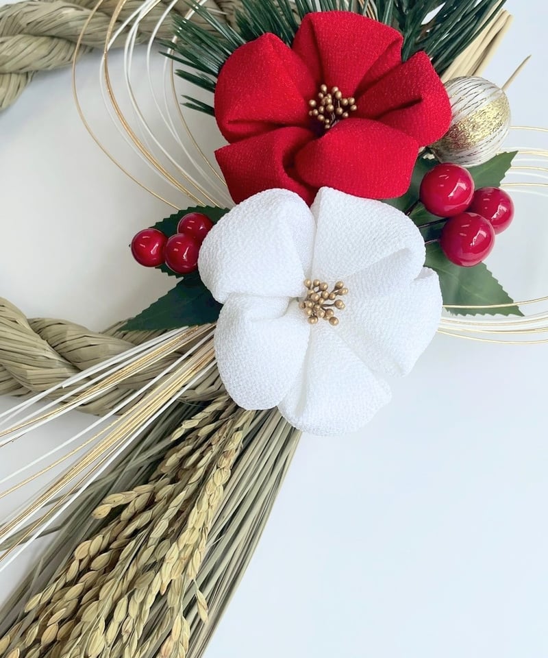 しめ縄 正月飾り 和モダンデザイン｜つまみ細工 椿・松・稲穂・南天