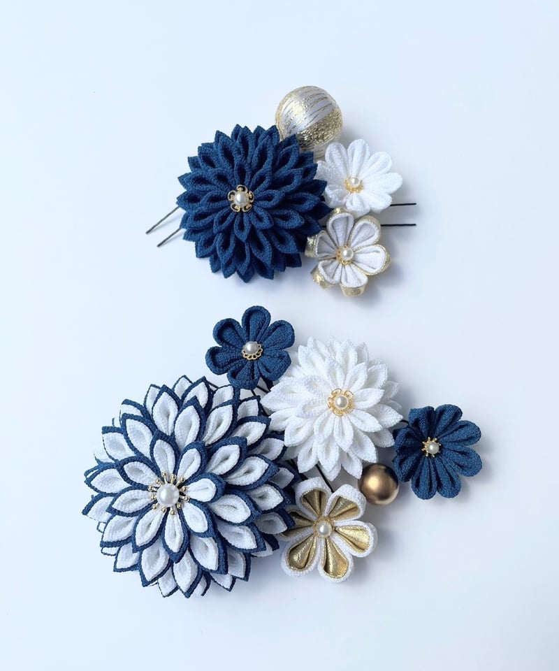 卒業式 入学式 髪飾り ｜つまみ細工 藍-あおい-＜ゴールドver＞｜濃紺