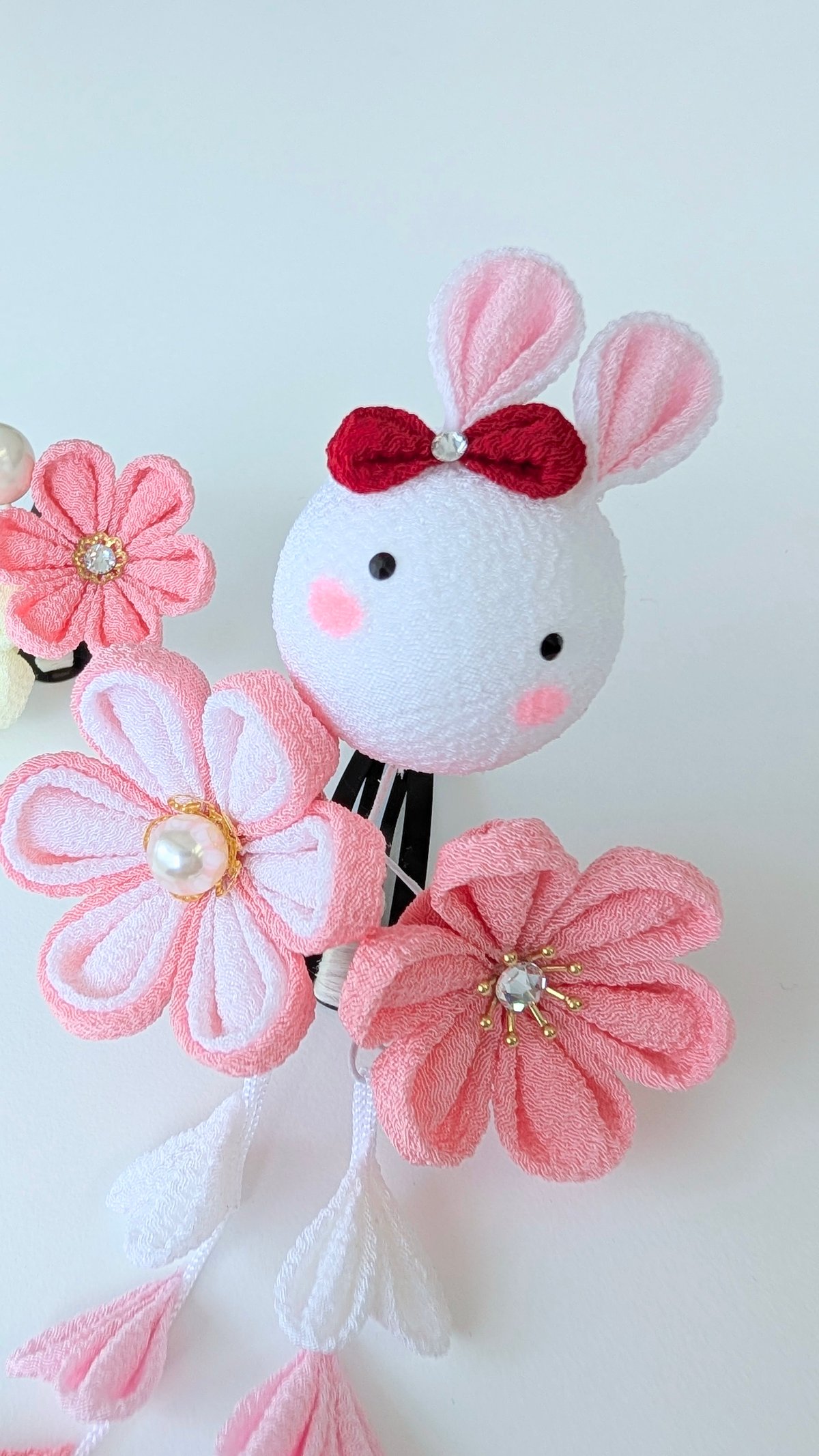 七五三髪飾り 3歳向け｜つまみ細工 夢菜-ゆな-＜うさぎ×桃錦＞｜ 愛