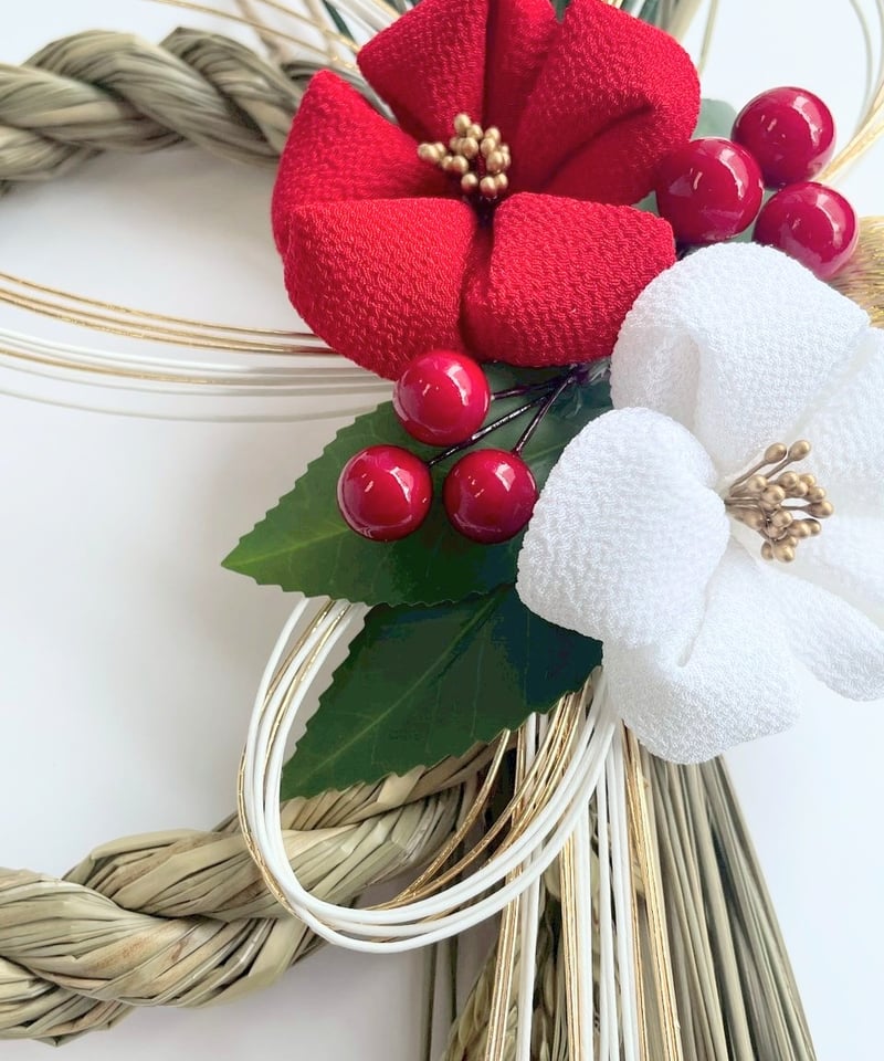 しめ縄 正月飾り 和モダンデザイン｜つまみ細工 椿・松・稲穂・南天