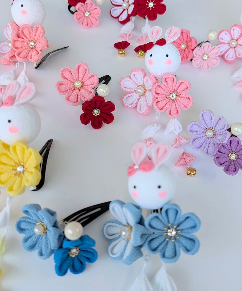 七五三髪飾り 3歳向け｜つまみ細工 夢菜-ゆな-＜うさぎ×桃錦＞｜ 愛