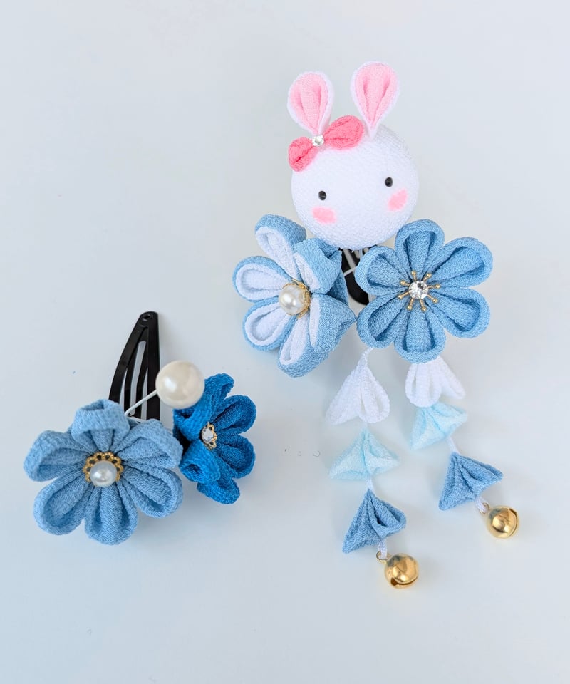 七五三 髪飾り 3歳向け｜つまみ細工 夢菜-ゆな-＜うさぎ×水色＞｜晴れ