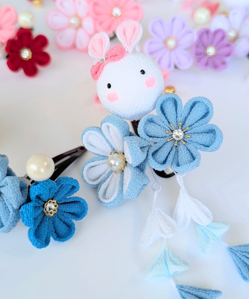 七五三 髪飾り 3歳向け｜つまみ細工 夢菜-ゆな-＜うさぎ×水色＞｜晴れ