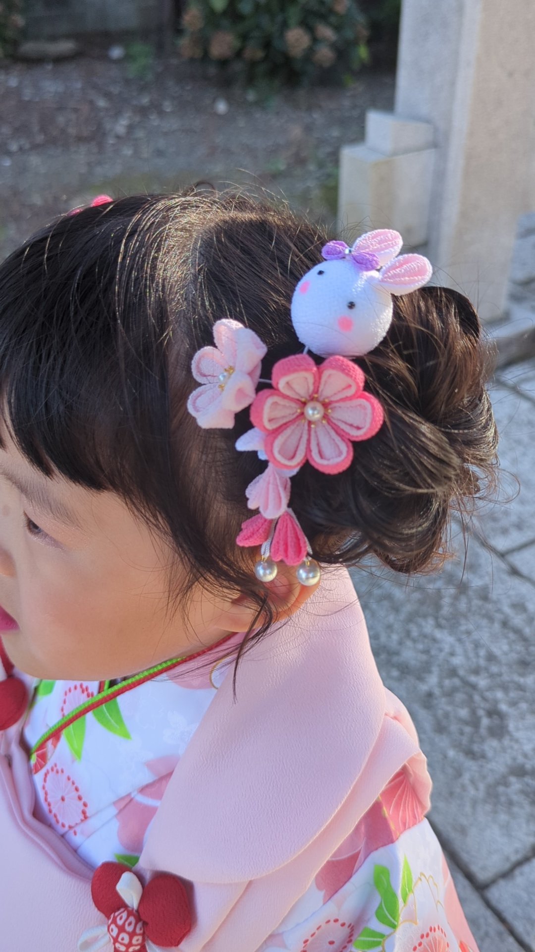七五三　3歳　被布着物セット　赤　うさぎ　つまみ細工　髪飾り 七五三髪飾り うさぎ つまみ細工 赤 ピンク 3歳 7歳 No.21