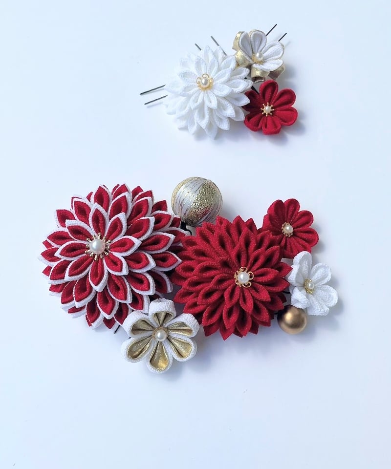 成人式・和婚髪飾り｜つまみ細工 紅-くれない-＜ゴールドver＞｜深紅