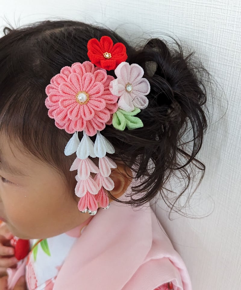 七五三髪飾りセット つまみ細工 7歳 パステルカラー はねず色×桜色 7-12 七五三髪飾りセット つまみ細工 7歳 パステルカラー はねず色
