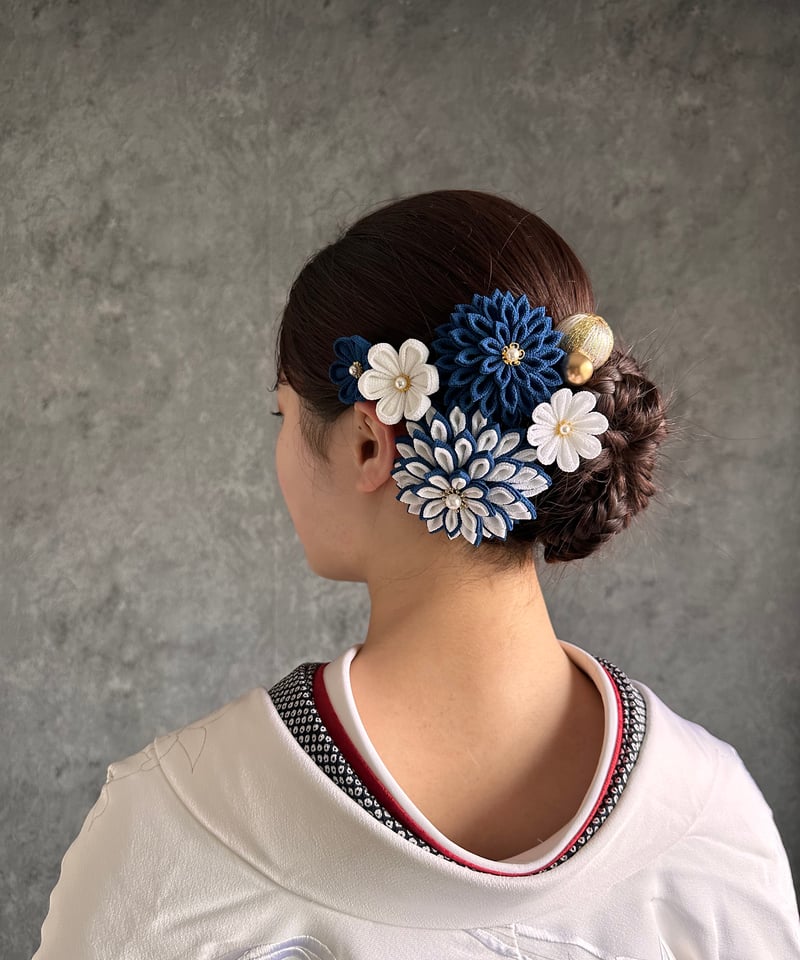 卒業式 入学式 髪飾り ｜つまみ細工 藍-あおい-＜ゴールドver＞｜濃紺