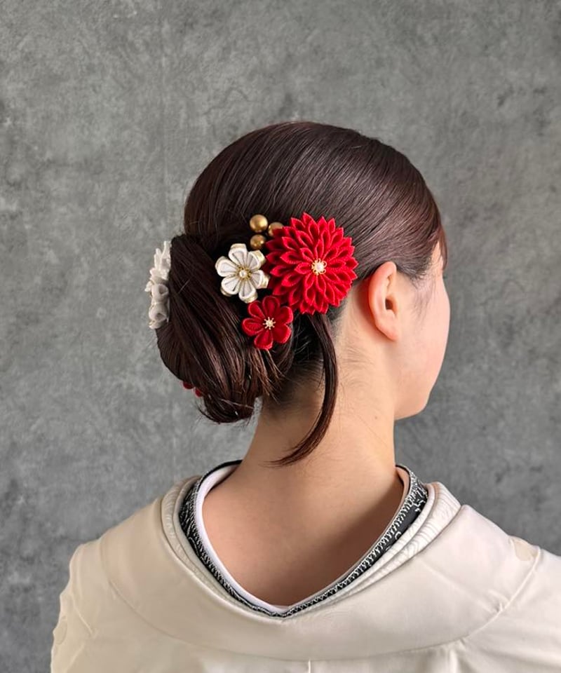 成人式・和婚髪飾り｜つまみ細工 紅-くれない-＜ゴールドver＞｜深紅