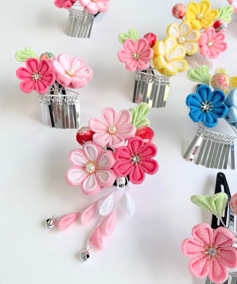 七五三　3歳　付属品一式プラス髪飾り 七五三（3歳さん向け）桜かんざしセット つまみ細工 ピンク 藤