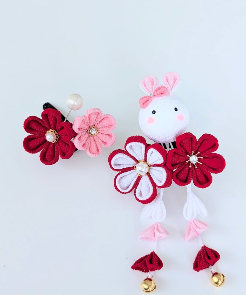 七五三 髪飾り 3歳向け｜つまみ細工 夢菜-ゆな-＜うさぎ×赤＞｜着物に