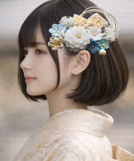 成人式・卒業式 髪飾り 小ぶり つまみ細工【道原様専用】｜円花（まどか）白×ゴールド 丸みのある上品な和装髪飾り