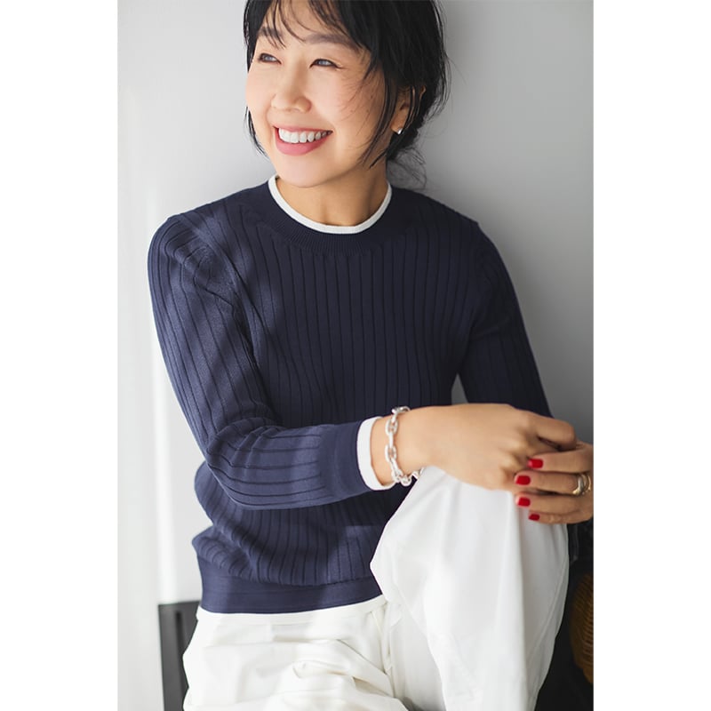 ミモレ別注】スローンバイカラー七分袖リブニット【数量限定】 | mi