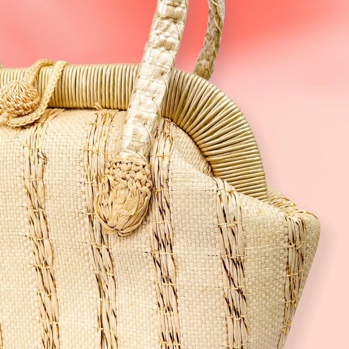 稀少☆50's Straw Bag 50年代 ストローハンドバッグ 50's Straw Bag with Striped Gold Cello Weaving