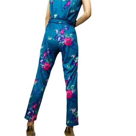 70s Turquoise Garden Floral Jumpsuit
