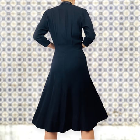50’s Black Crepe Rhinestone Button Up Shirt Dress