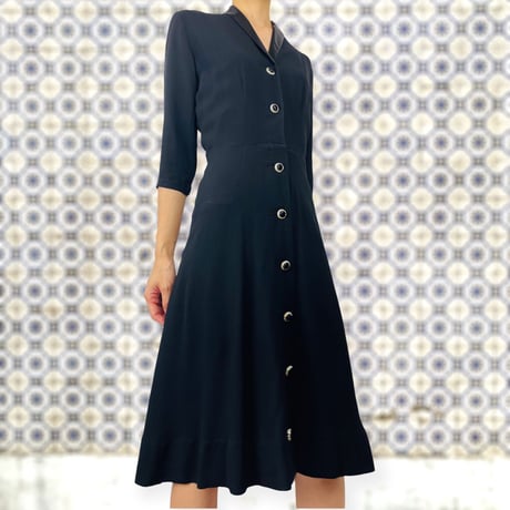 50’s Black Crepe Rhinestone Button Up Shirt Dress