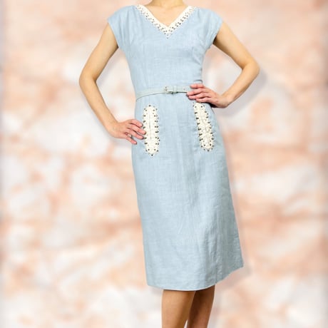 50’s Light Blue Linen Embellished Dress