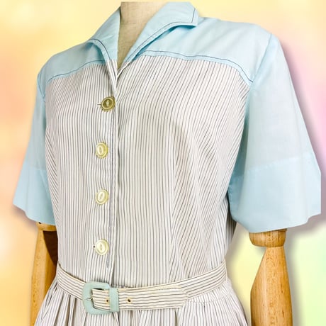 70’s Aquablue & White Striped Belted Dress