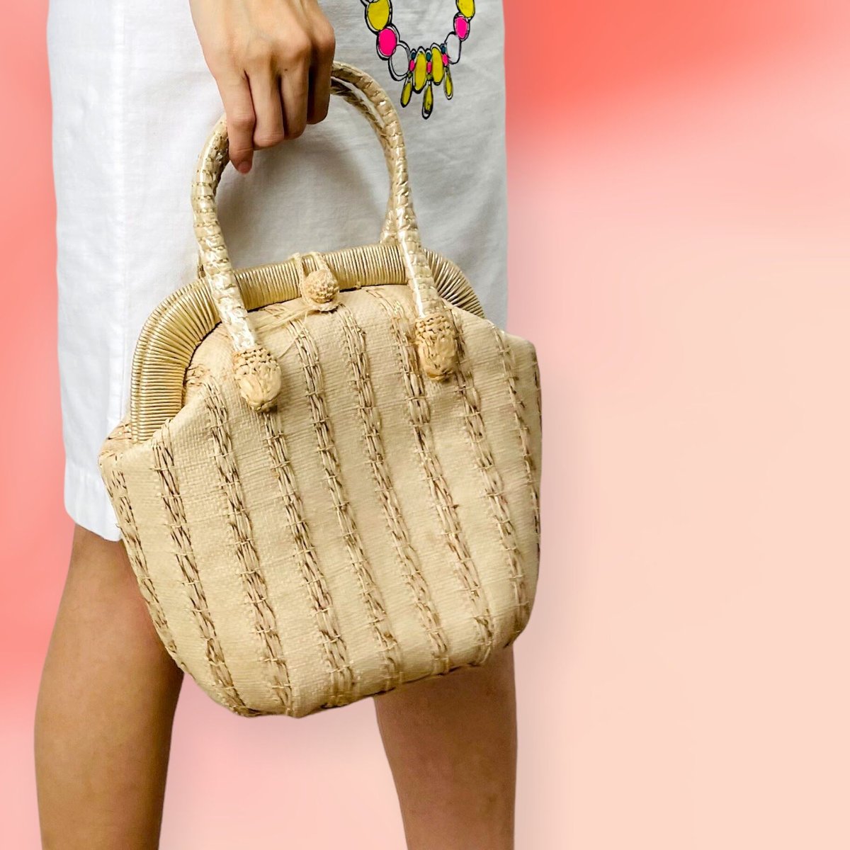 稀少☆50's Straw Bag 50年代 ストローハンドバッグ 50's Straw Bag with Striped Gold Cello Weaving