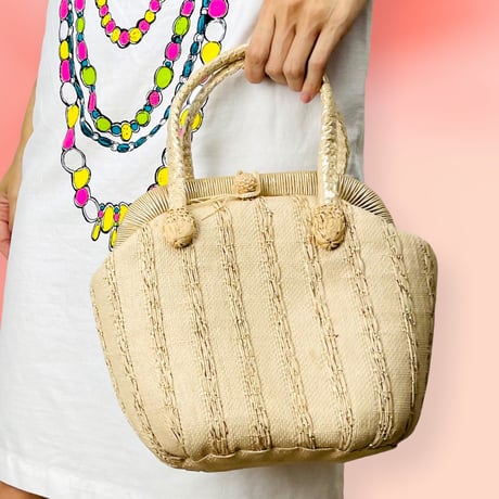 50's Straw Bag with Striped Gold Cello Weaving