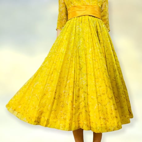 50’s Party Dress Full Skirt Yellow Floral Chiffon