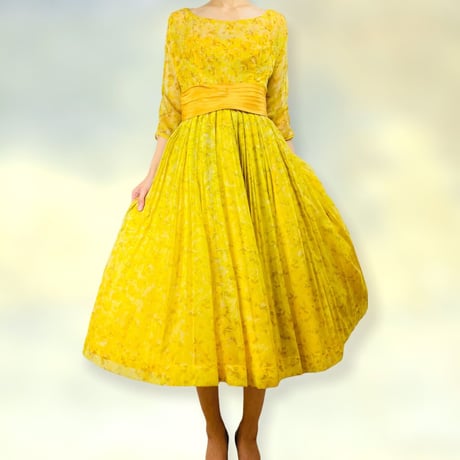 50’s Party Dress Full Skirt Yellow Floral Chiffon