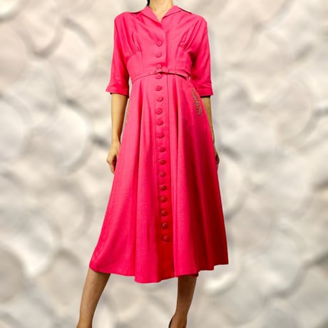 30's Coral Buttoned Linen Midi Dress