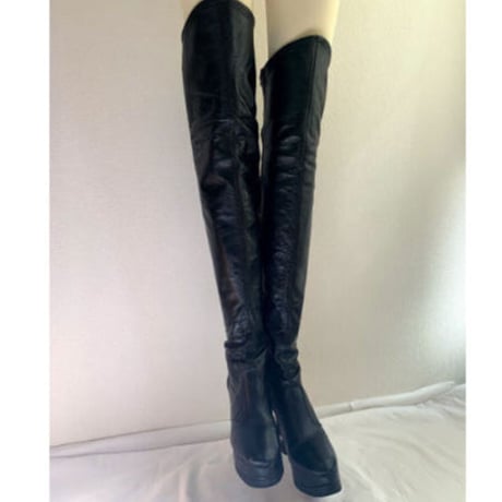 Platformed Heel Black Leather Thigh High Boots