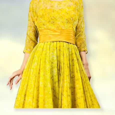 50’s Party Dress Full Skirt Yellow Floral Chiffon