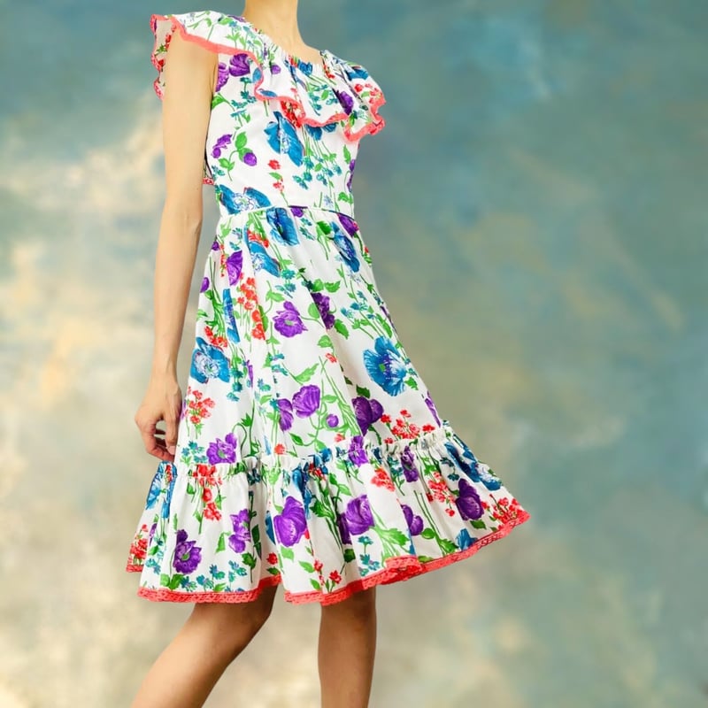Floral ruffle off store the shoulder dress